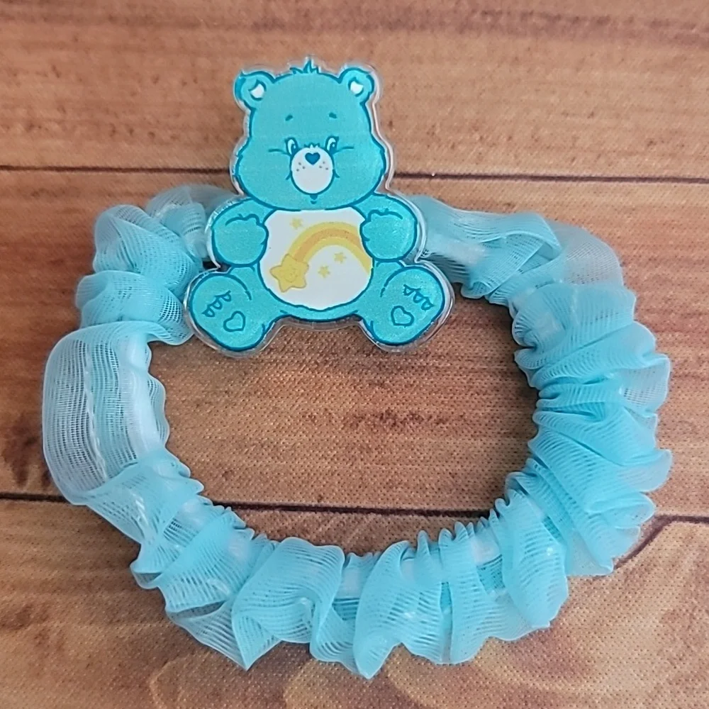 Bears Acrylic Peach and Teal Tulle Fabric Elastic Girl's Hair Crunchies